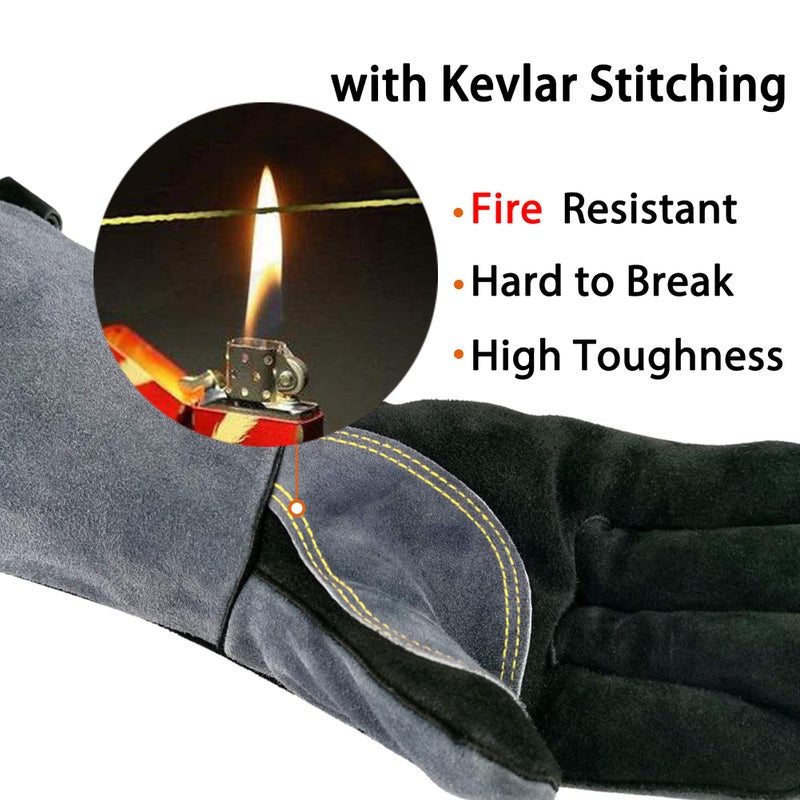 WZQH 16 Inches,932â„‰,Leather Welding Gloves, Heat/Fire Resistant,Large Mitts for BBQ,Oven,Grill,Fireplace,Tig,Mig,Forge,Baking,Furnace,Stove,Pot Holder,Animal Handling Glove.L Black-gray - Image 3